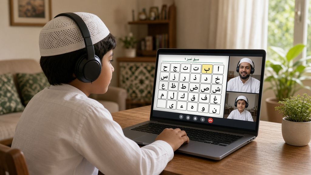 Child learning Quran online at home through a live screen-share class with the teacher on video – Online Quran Academy Pakistan